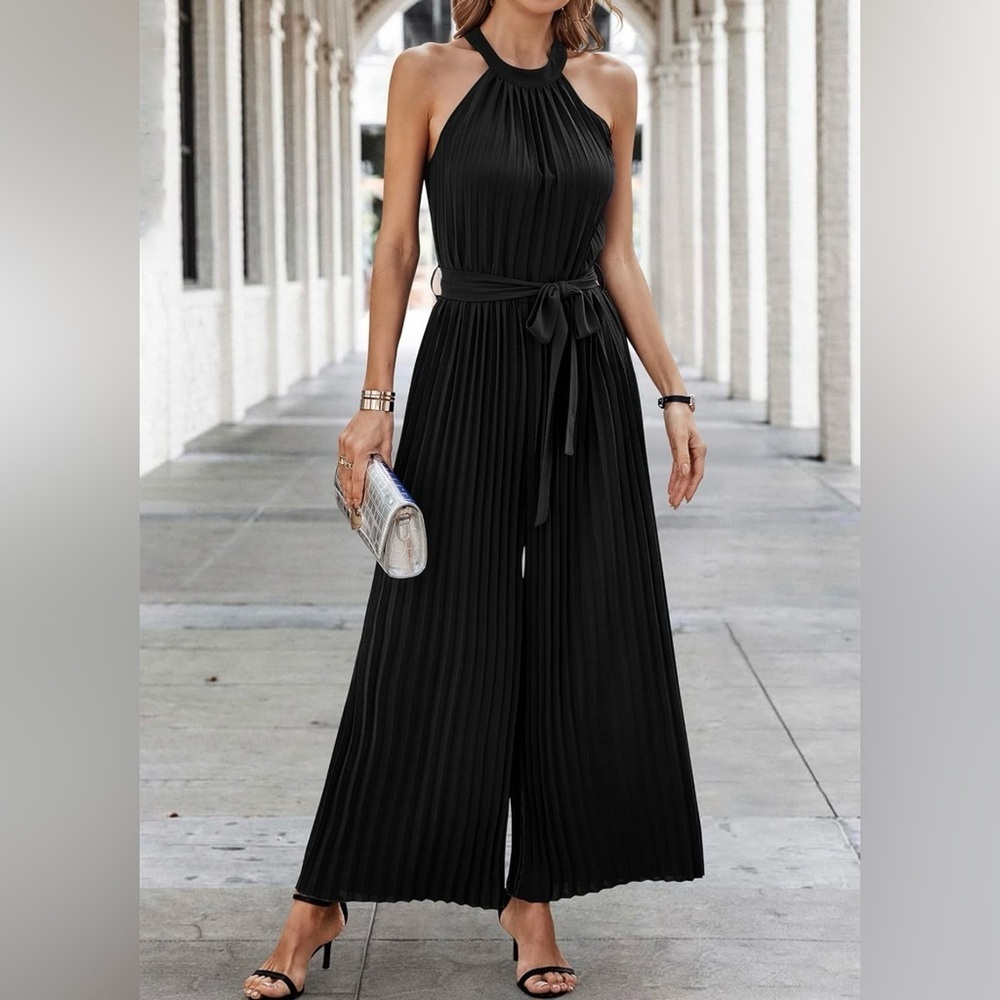 KIRUNDO Women Halter Neck Sleeveless Pleated High Waist Belted Wide Leg Jumpsuit